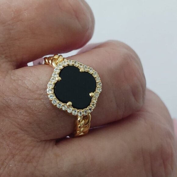 YS India 14k Gold Plated Sterling Siver 925 W CZ & Genuine Onyx Clover Ring Sz.8 - Picture 9 of 16